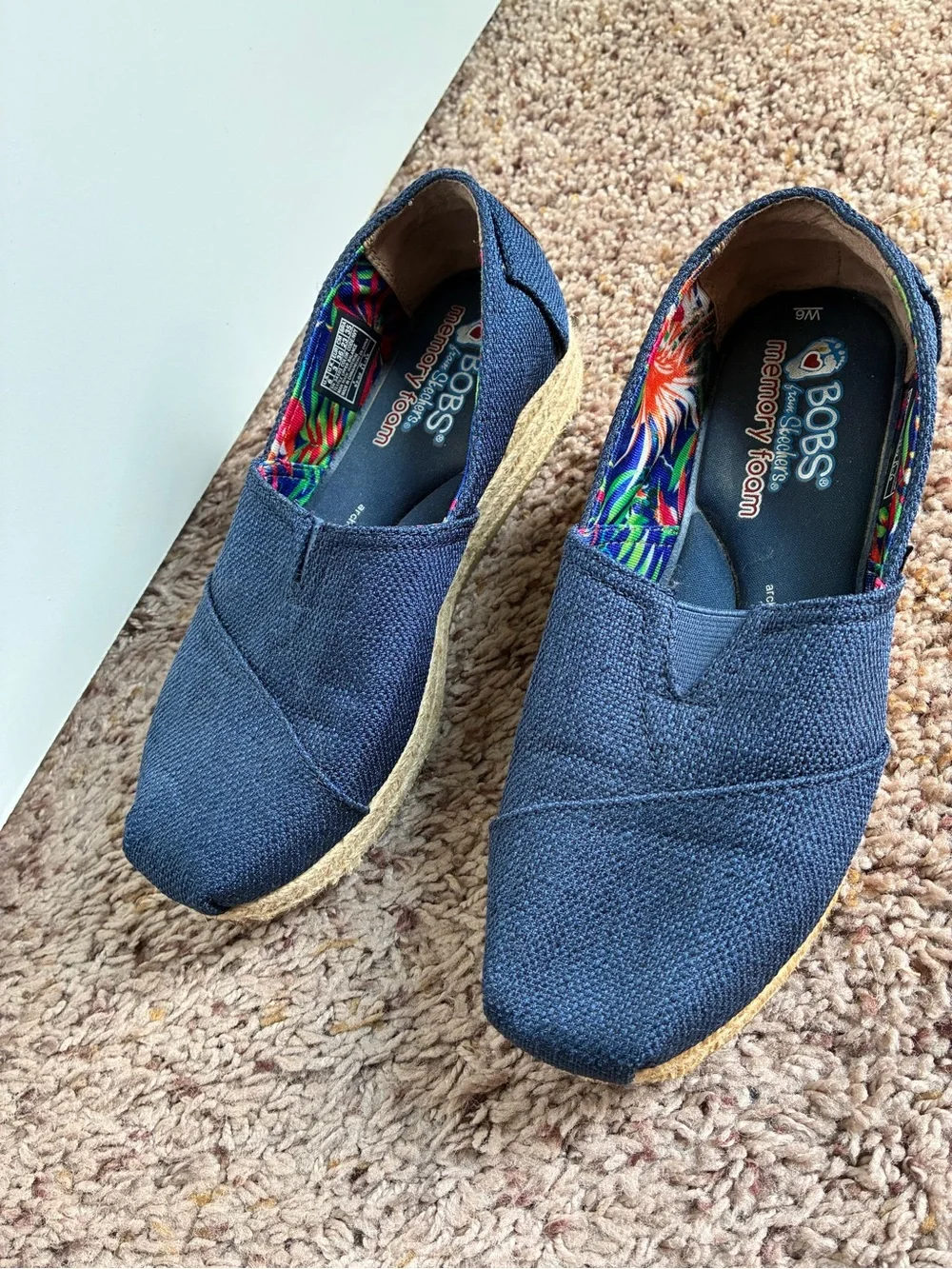 TOMS Navy Canvas Espadrille Platform Slip-On with Floral Lining